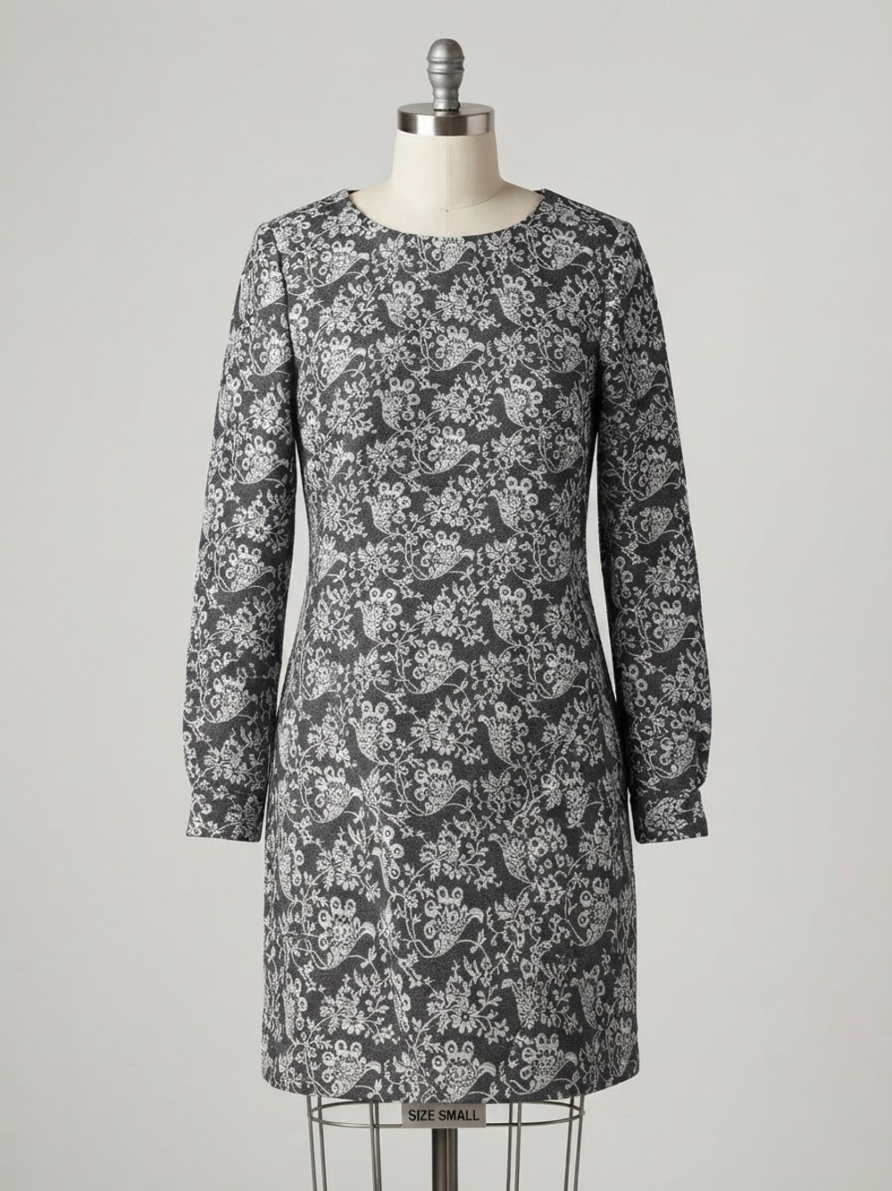 LOFT Gray Floral Jacquard Long-Sleeve Dress